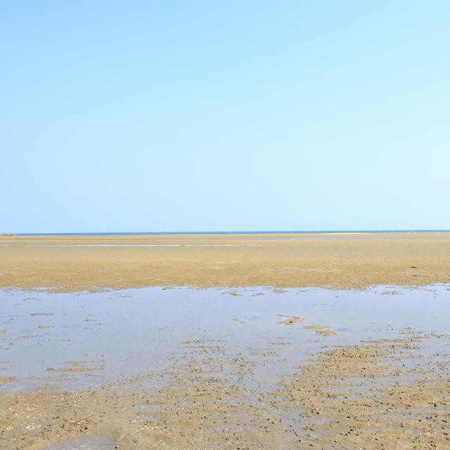 画像: ビーチはすっかり潮が引いて、海ははるか遠く。瀬戸内海の中でも広島、山口の海岸線は特に潮の干満差が大きいと言われています。なるほど、まさにこれがそうなのですね。