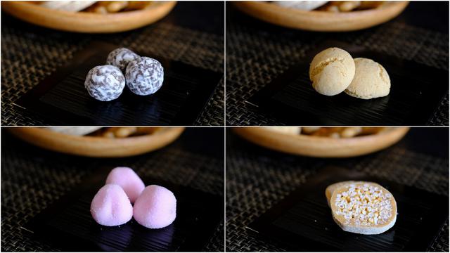 画像: (左上)うさぎ玉、(右上)マコロン、(左下)うめぼし、(右下)ごぼうきり。食感も形も様々。米や小麦を使った素朴なお菓子。