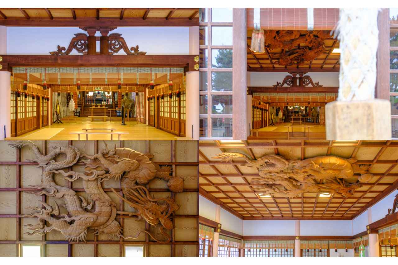 Image: The impressive ascending dragon sculpture decorating the ceiling of the worship hall