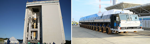 画像: （種子島宇宙センター公式サイト） 左：組立棟、右：H3ロケット用新型移動発射台運搬台車（ドーリー）