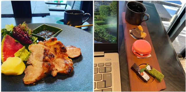画像: ランチメニューの「ハーブ三元豚のグリル(ライス、季節のスープつき)」1,000円~(左)、パソコン作業中でも食べやすい「デザートアソートセット(ドリンク別)」500円(右)