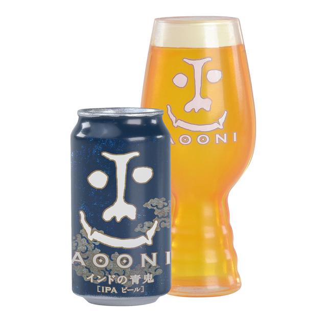 画像: ◀インドの青鬼は「インディアペールエール(IPA)」スタイルの、大量のホップによる驚愕の苦味と鮮烈な香りが個性的な、熱狂的ビールファンの為のクラフトビールです。公式ビアレストラン「YONA YONA BEER WORKS」で使われている専用グラスの、特徴的な凹凸(おうとつ)がある形状も再現しています。サイズ:インドの青鬼:約H2.6cm×W1.3cm / グラス:約H4cm×W1.7cm