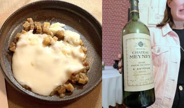 画像: 第4皿：カットしたサン・ネクテール、野菜のジュとフレッシュハーブーで煮込んだジャガイモ ワイン：『シャトー・メイネ 1955年 マグナム』（サン・テステフ）