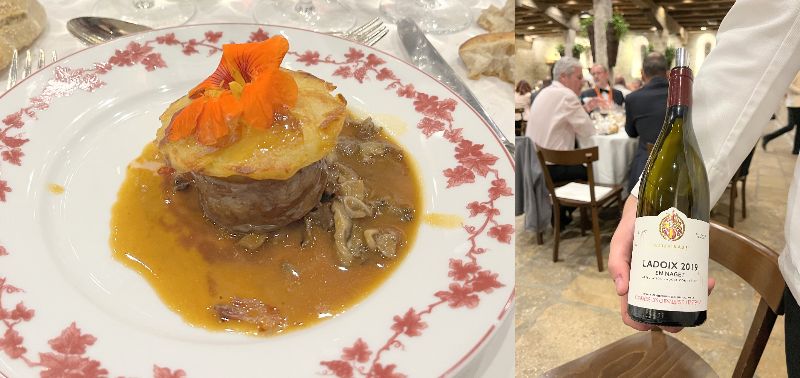 画像: 「アヴェロン産仔牛のフィレ肉と旬のきのこのフリカッセ」(左) 『ラドワ・ルージュ アン・ナジェ 2019年 タストヴィネ』(右)