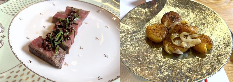 画像: 「ほろ苦いアクセントのカカオニブを添えた牛肉」(左)「海藻とジャガイモ」(右)に『ラ・コット・ド・ラスコンブ 2022年』