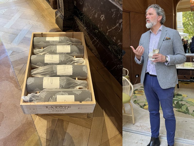 画像: 新キュヴェ『ラ・コート・ラスコンブ』とシャトー・ラスコンブCEOのアクセル・ハインツ氏(右)