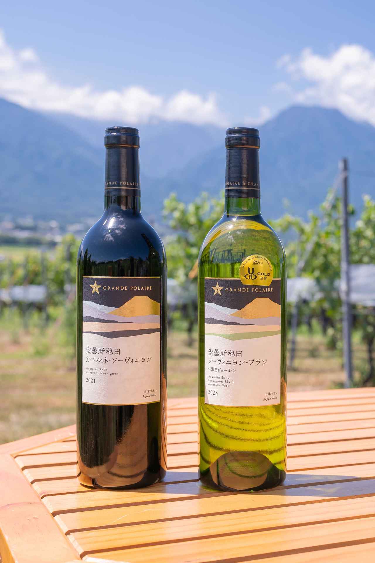 画像: 左から 『安曇野池田カベルネ・ソーヴィニヨン 2021年』 品種：カベルネ・ソーヴィニヨン100％ 価格：オープン（税込参考価格7300円） 黒系果実に、ローズマリーやタイム、八角などチャイニーズスパイス、さらにヴァニラやビターカカオの香りが重なり、複雑なアロマを奏でる。しなやかでエレガントな味わいなので、醤油や出汁を使った和食も合う。 『安曇野池田ソーヴィニヨン・ブラン〈 薫るヴェール〉 2023年』 品種：ソーヴィニヨン・ブラン100％　価格：オープン（税込参考価格7300円） フレッシュでみずみずしく、質の高い酸。しなやかで滑らかなテクスチャーに、上品な果実味がゆっくりと舌に溶け込んでいく。レモンバーベナやエルダーフラワーなど華やかな香りが次々と立ち上り、まさに“薫るヴェール”。
