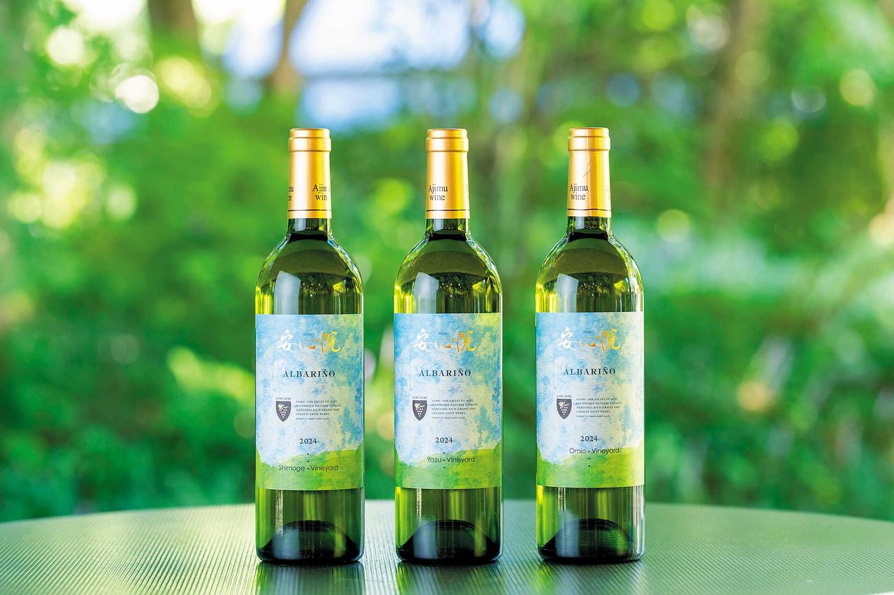 画像: 左から 『安心院ワイン アルバリーニョ 下毛 2024年』 『安心院ワイン アルバリーニョ 矢津 2024年』 『安心院ワイン アルバリーニョ 大見尾 2024年』 ※価格は3801円(税込) アルバリーニョは3カ所の異なる圃場で造られている。ラベルに示されている●印は、3カ所圃場があることを示しており、名前の位置は標高を表している。「下毛」は香り高くフレッシュ、「矢津」は凝縮感がありアールグレイのようなニュアンス。「大見尾」は下毛よりも複雑で厚みのある味わいだ