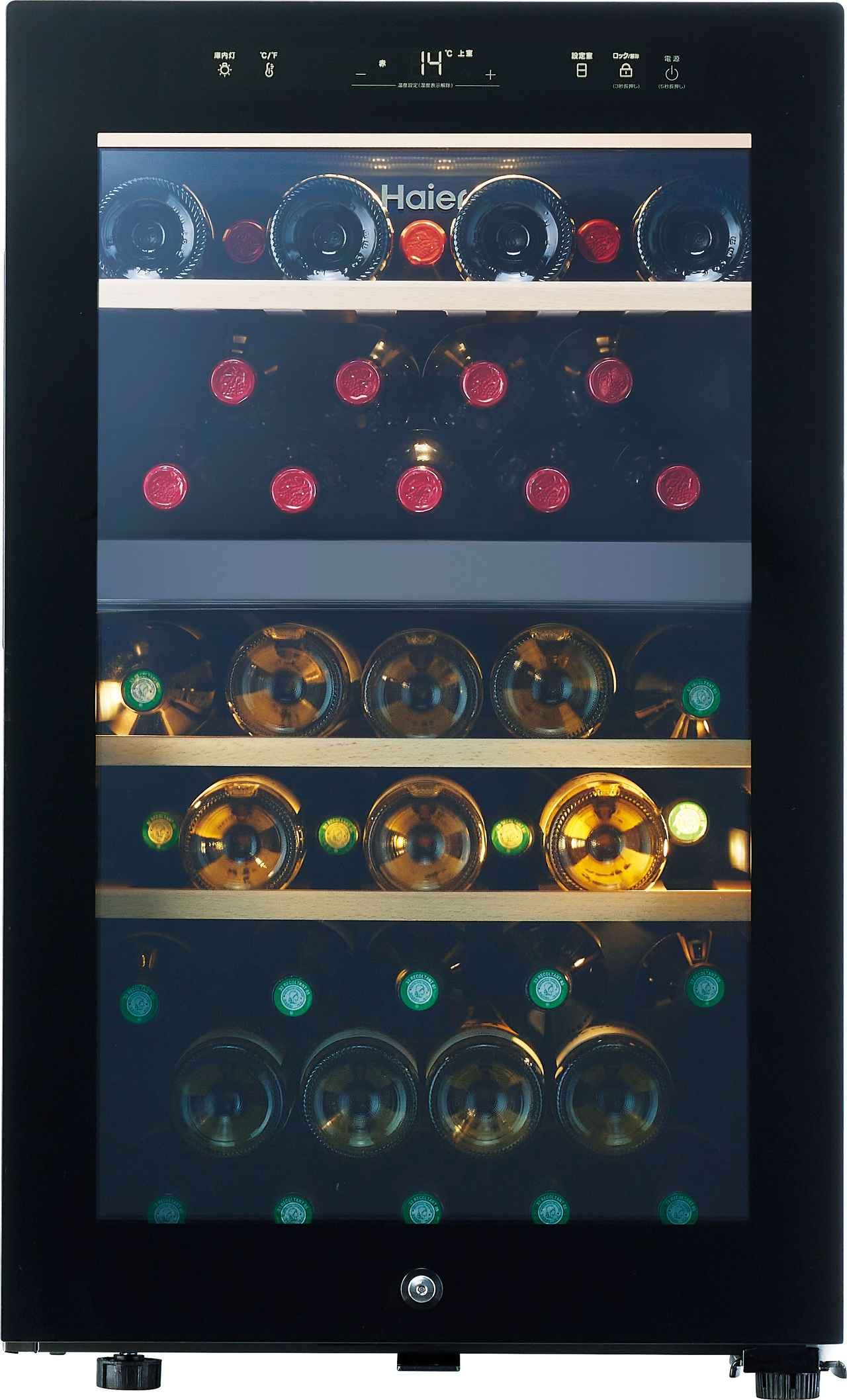 画像: 『108Lワインセラー JQ-F108A』 本体サイズ：W497×D585×H820mm 収容本数：42 本（上室16 本、下室26 本） 棚板枚数：5 枚（木製） 設定可能温度帯：5〜20℃（2 温度帯セラー） 冷却方式：コンプレッサー方式 価格：オープン（市場価格：税込8 万円前後）