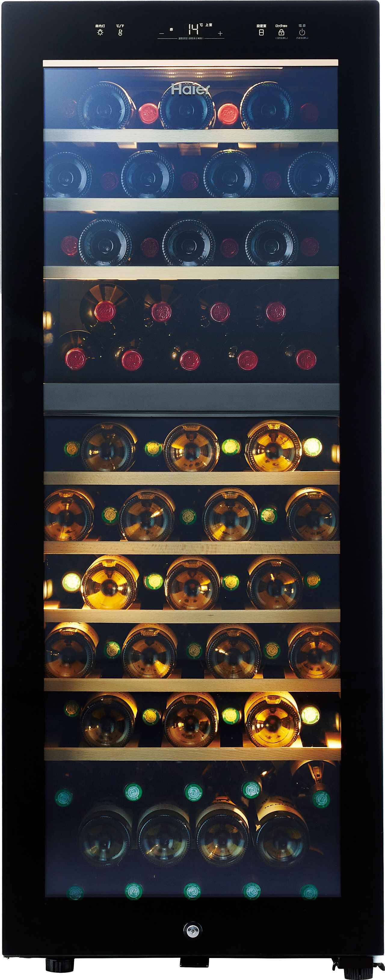 画像: 『192Lワインセラー JQ-F192A』 本体サイズ：W497×D602×H1270mm 収容本数：79 本（上室30 本、下室49 本） 棚板枚数：10 枚（木製） 設定可能温度帯：5〜20℃（2 温度帯セラー） 冷却方式：コンプレッサー方式 価格：オープン（市場価格：税込12万5000 円前後）