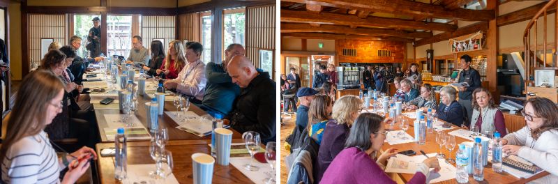 画像: 「勝沼醸造」にて生産者の説明に耳を傾ける。セミナー終了後には、多くのMWがワインを購入する場面も見られた