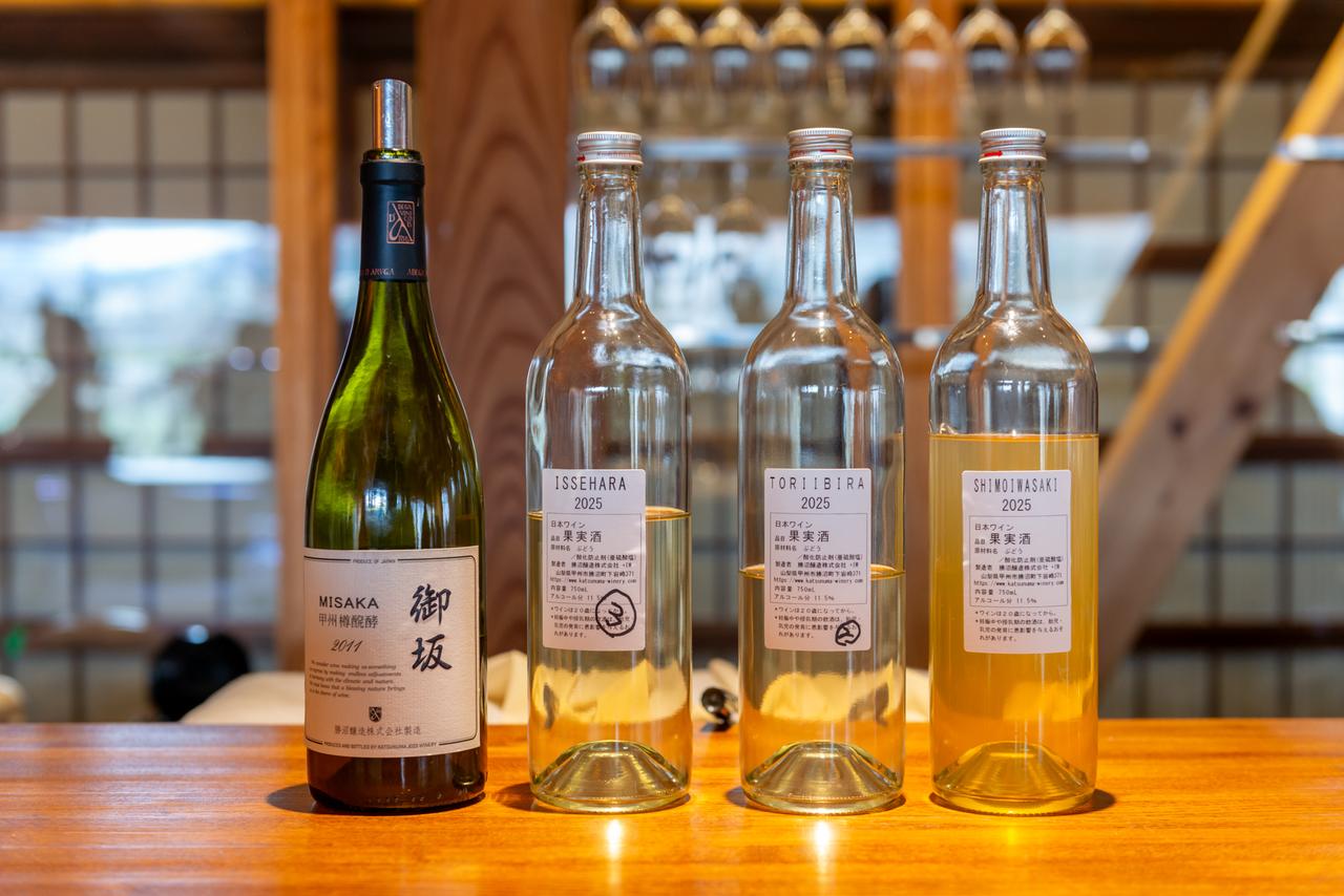 画像: 試飲ワイン『御坂甲州 樽醗酵2011年』『伊勢原2025年』『鳥居平2025年』『下岩崎2025年』(左から)
