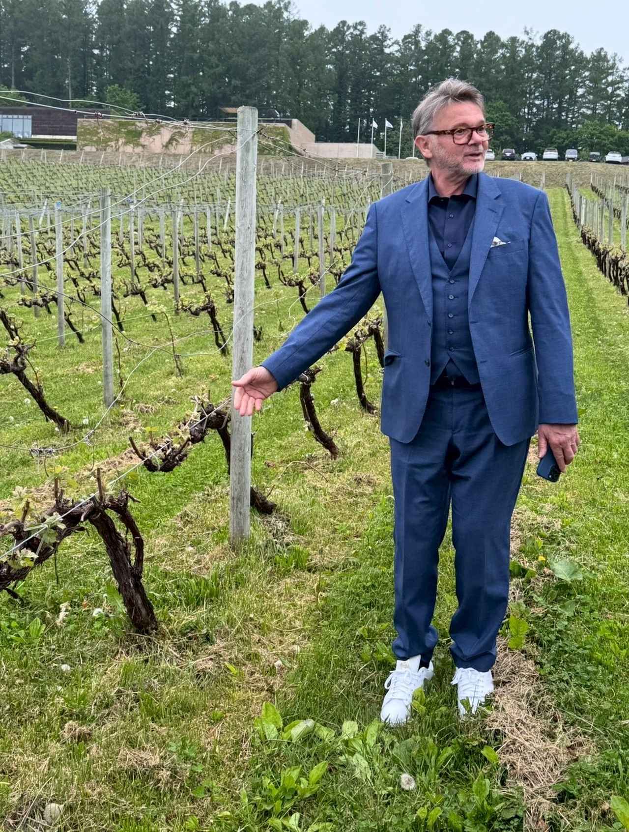 画像: 「NIKI Hills Winery」のメルロ畑を視察するトルシエ氏。朝日台の土壌や収量制限など、仁木町ならではの栽培環境について説明を受けながら熱心に耳を傾けた