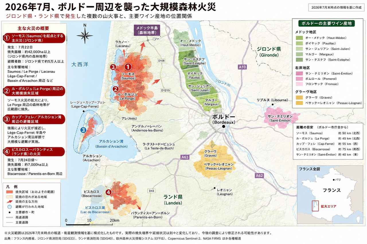 画像1: ブドウ畑への直接の直接被害は免れたものの、観光や煙害への懸念など大きな影を落とした7月のジロンド県大規模山火事