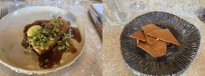 画像: メイン：クラヴィジー農場の仔牛の背肉。黒ニンニクとグリンピース、春野菜を添えて デザート：ショコラにヘーゼルナッツのチュイル、ニワトコの花