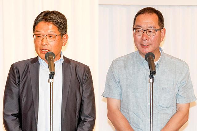 画像: ホテル安比グランド内で開かれた懇親会で㊨主催者を代表してあいさつするHMJの加藤社長㊧本田技研二輪事業本部ものづくりセンターの野村所長もあいさつ