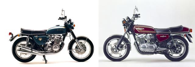 画像: 左が「ナナハン」ことCB750FOUR 右はカフェレーサースタイルの集合マフラー版CB750FOUR-Ⅱ