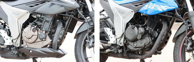 画像: 左がジクサー250。油冷4ストSOHC4バルブ単気筒 249cc 最高出力:26PS/9000rpm 最大トルク:2.2kgf・m/7300rpm 右がジクサー150。空冷4ストSOHC2バルブ単気筒 154cc 最高出力:14PS/8000rpm 最大トルク:1.4kgf・m/6000rpm