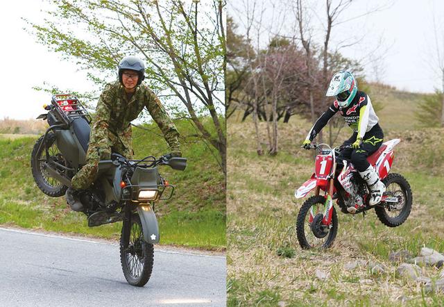 画像: 後輪を持ち上げ静止するジャックナイフ。走行状態からフロントブレーキと体重移動でバランスを取る。1回で成功する自衛官に対し、初チャレンジの川井委員はコツをつかむまで苦労した超絶ワザだ (写真/楠堂亜希)