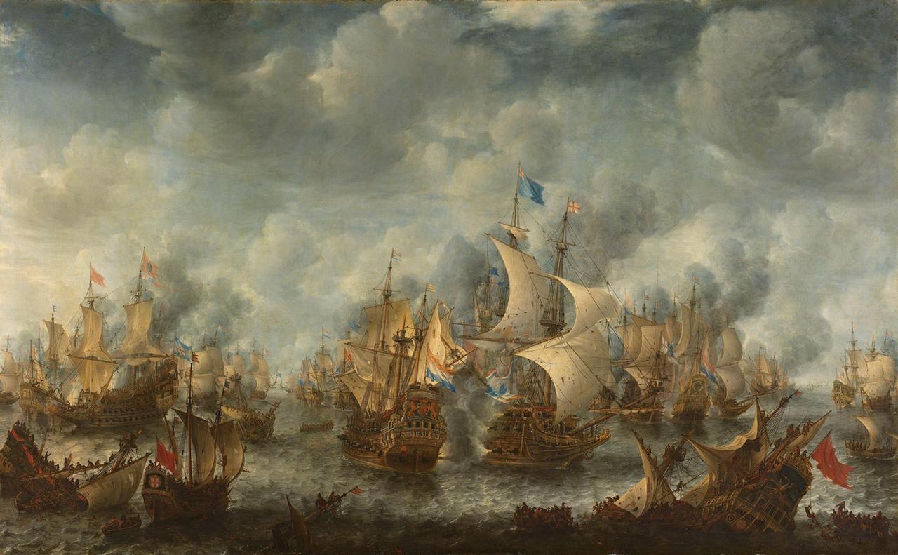 画像: 第1次英蘭戦争（1652～54年）における最後の大規模戦闘、「スヘフェニンゲンの海戦」（1653年）の模様を描いた絵画　作者／ヤン・アブラハムス・ベールストラテン（1622–1666）　出典／Wikimedia Commons
