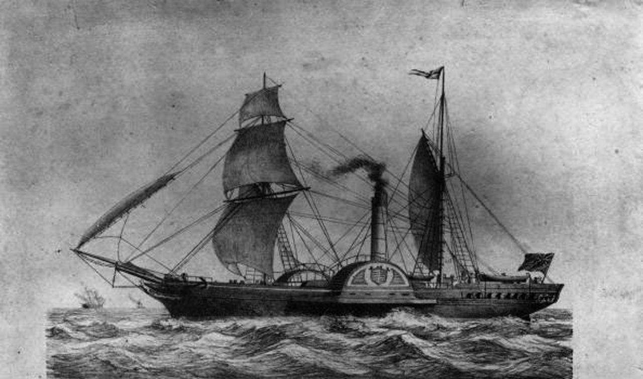 画像: 1837年に竣工したイギリスの蒸気船『シリウス』。補助として帆を張るためのマストが2本ある外輪船。蒸気機関のみを利用して大西洋横断に成功した初めての船となった　出典／Wikimedia Commons