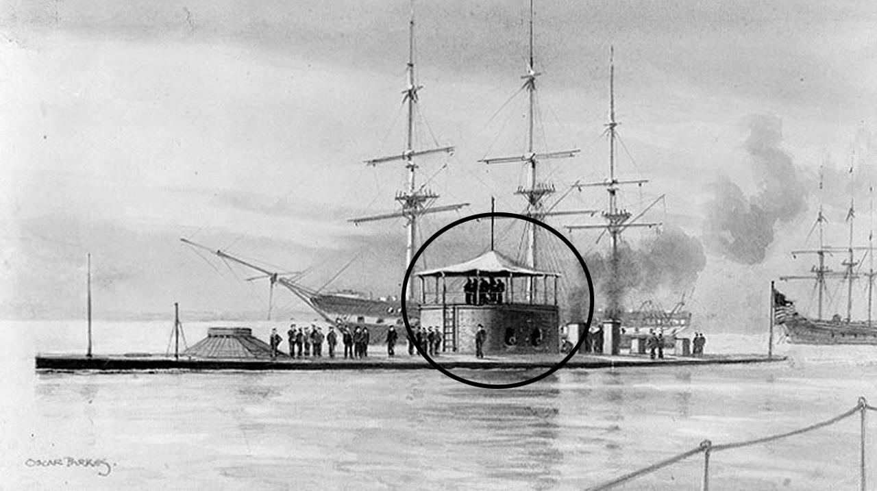 画像: 円筒形の砲塔（破線部）を搭載した、アメリカ海軍の『モニター』。砲塔が回転する機構により、大砲の向きを変えることができる　出典／Wikimedia Commons、アメリカ海軍