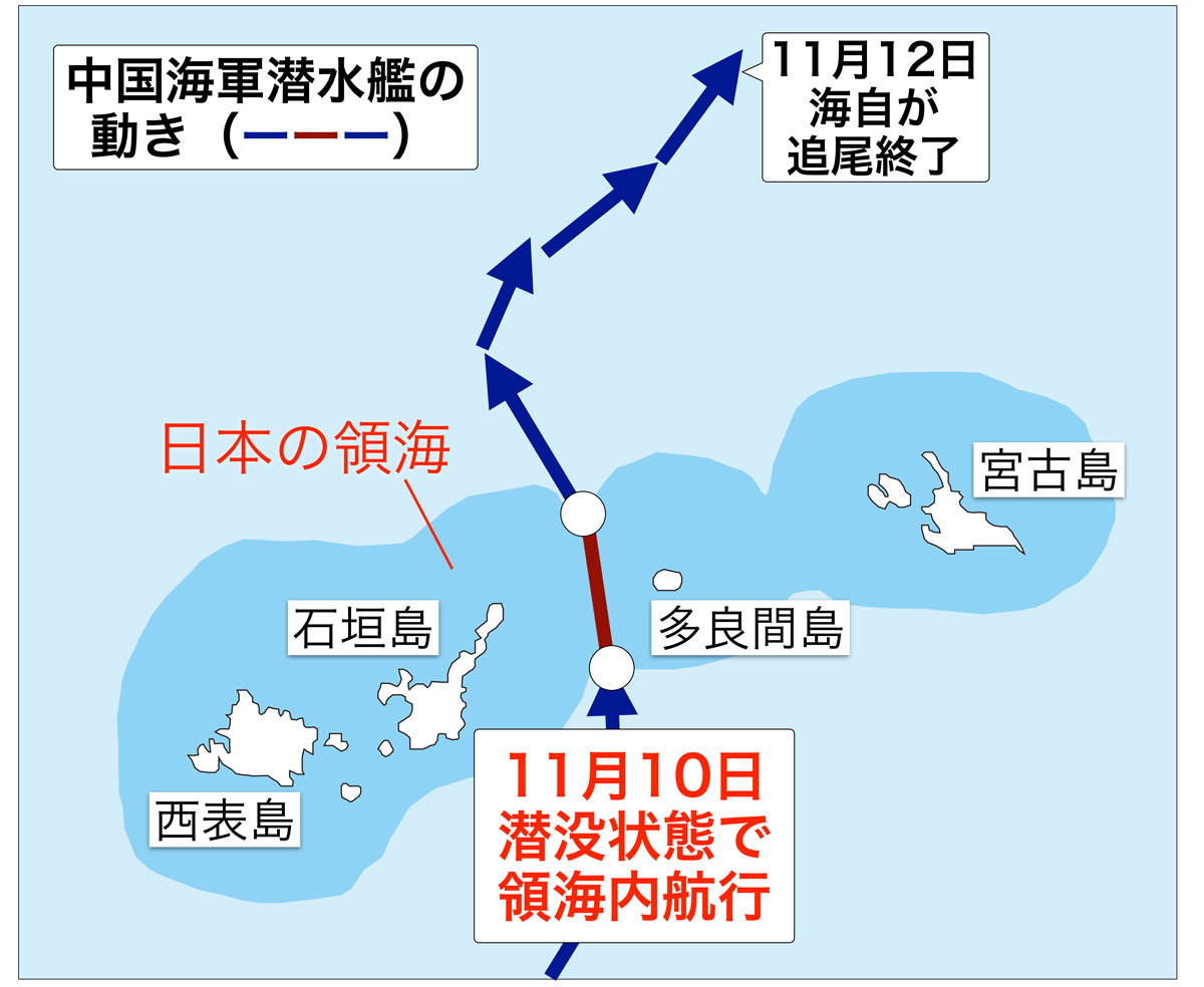 画像: アメリカ軍や海自が追跡した中国原子力潜水艦の航路。石垣島と多良間島間で潜没したまま領海に侵入した