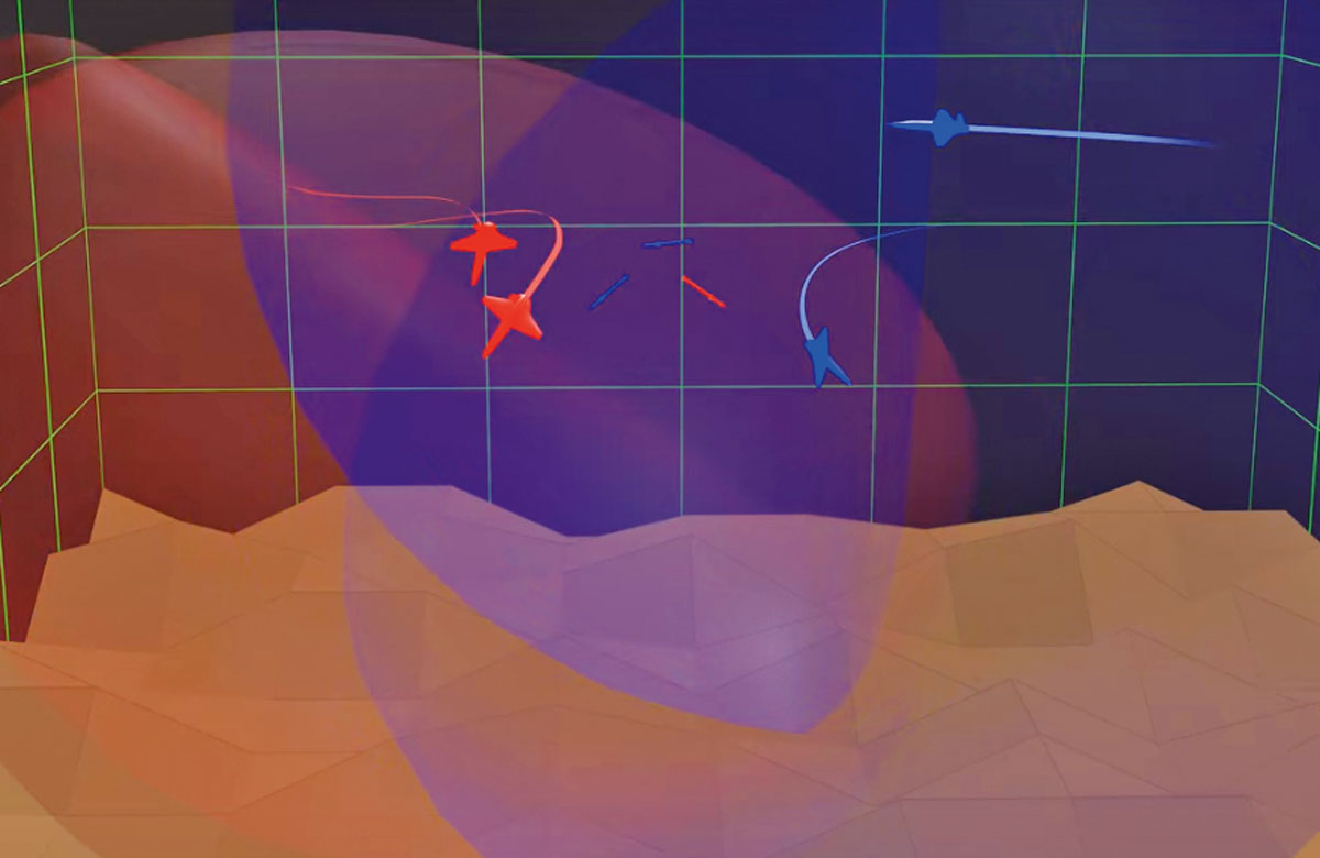 画像: 防衛装備庁では、AI技術について多様なアイデアを広く収集することを目的として、個人・法人が参加可能なAIの性能を競うコンテスト「空戦AIチャレンジ」を開催している。おのおのが開発したAIが複数の戦闘機を操作し、仮想空間上で戦わせて勝敗を競う(画像はイメージ)画像提供/防衛省