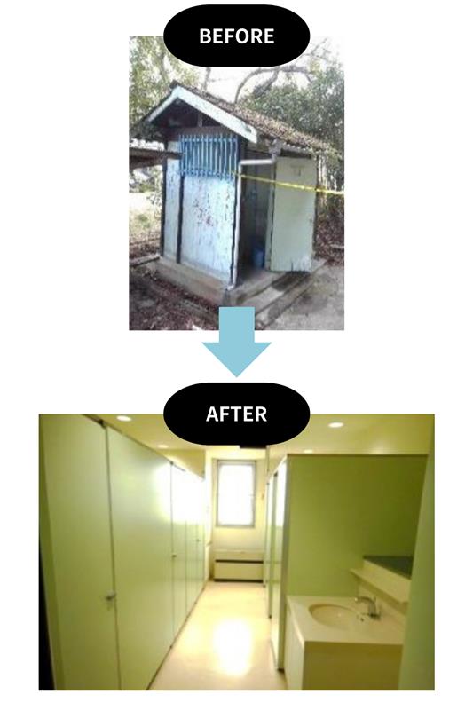 画像: 老朽化が目立つ演習場の旧施設の隊員用共同トイレ。新設されたトイレでは隊員のニーズに合わせ一部を除き洋式化された。