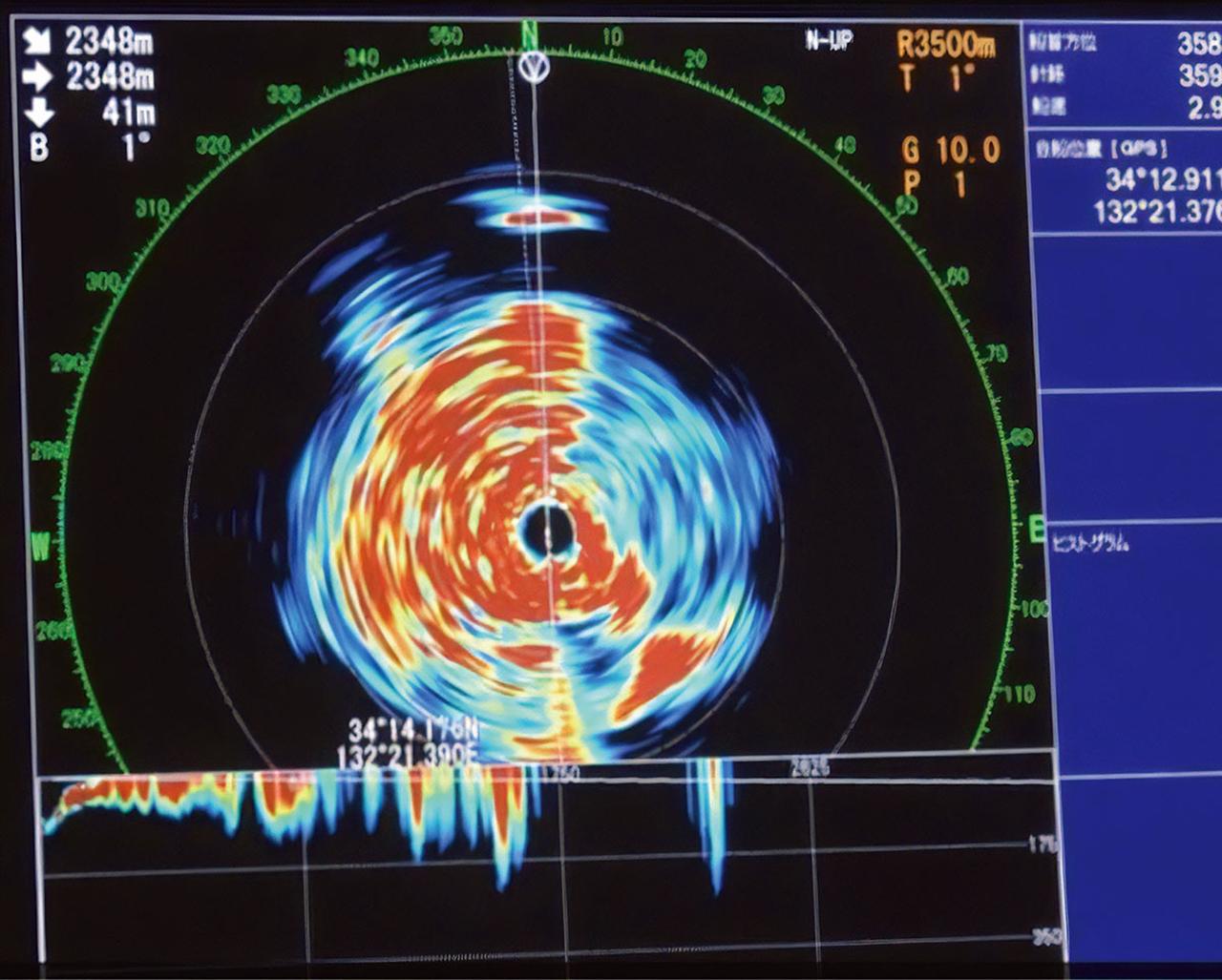 画像: スキャニングソナーによる遭難潜水艦の捜索。モニターに映し出された赤い部分は、反響音の感度の強さを示している。上部にある小さな赤い塊が潜水艦かも？