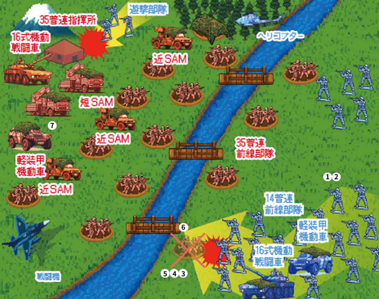 画像: 35普連の前線部隊と14普連の前線部隊が近接戦闘を開始する。14普連が35普連の前線陣地を攻撃して訓練検閲は幕を閉じた（図中の番号は写真番号）