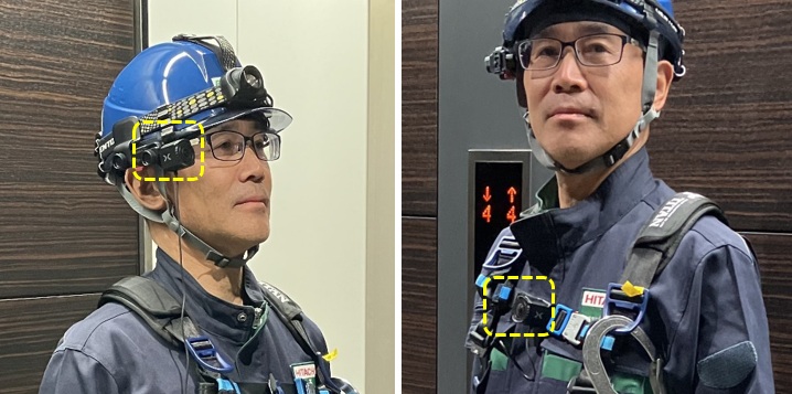 画像: ウェアラブルカメラの装着イメージ：ヘルメット脇（左）と胸元中央（右）
