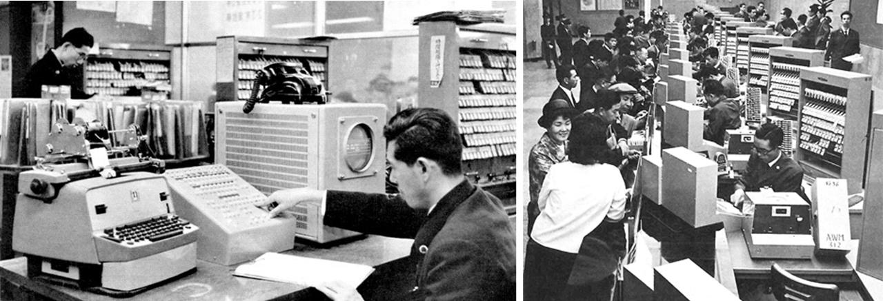 画像: 開設当時の座席予約窓口の状況 (左 : MARS-1(東京駅・1960年、出典:RRR, 2018.2, 39)、右 : MARS 101(東京駅・1965年、出典:日本国有鉄道百年写真史)