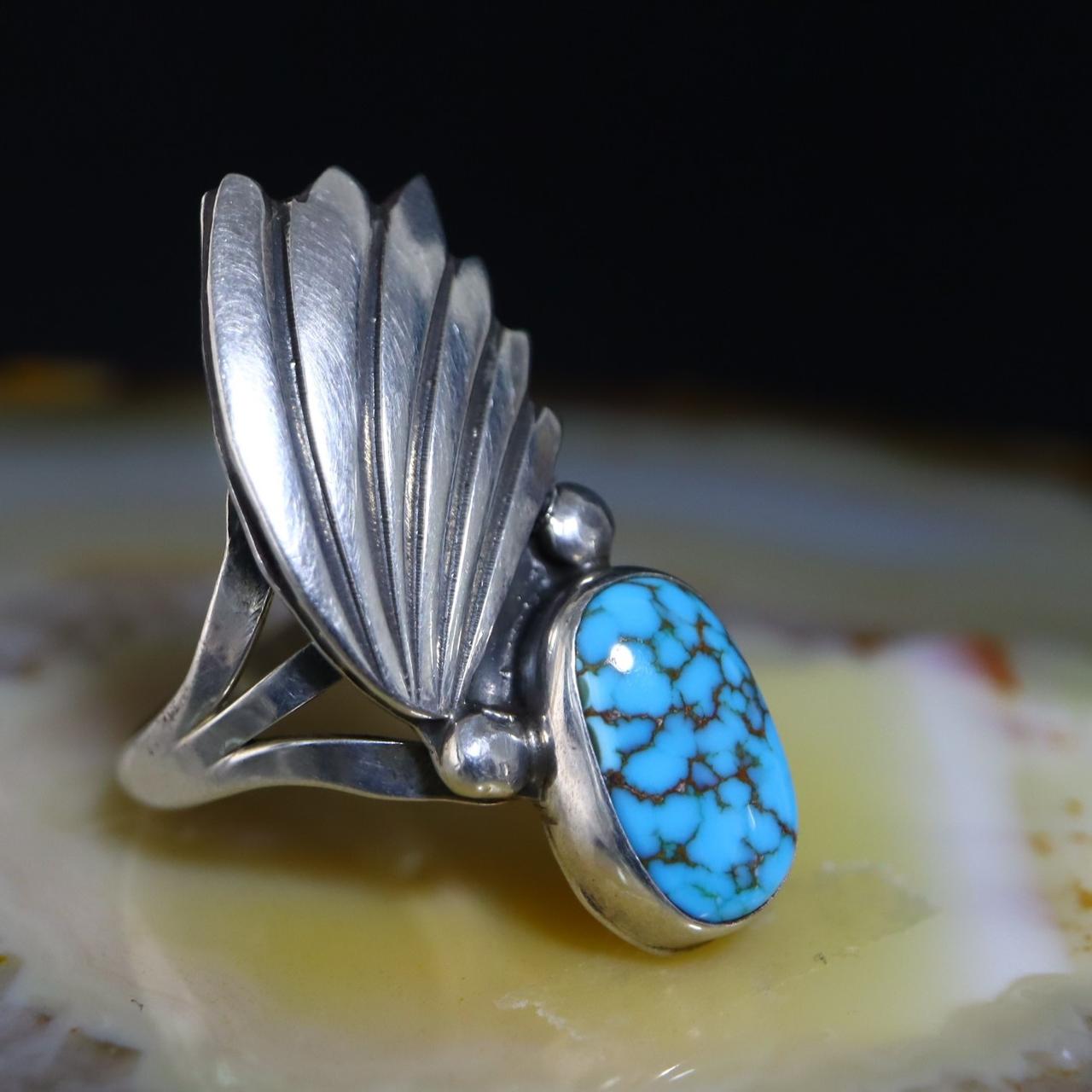 画像: 「Tah’bah Traders」美しいブルーに強いスパイダーウェブのリング Vintage Navajo Hi-Grade Turquoise Ring in Silver(1960年頃) 137,940円