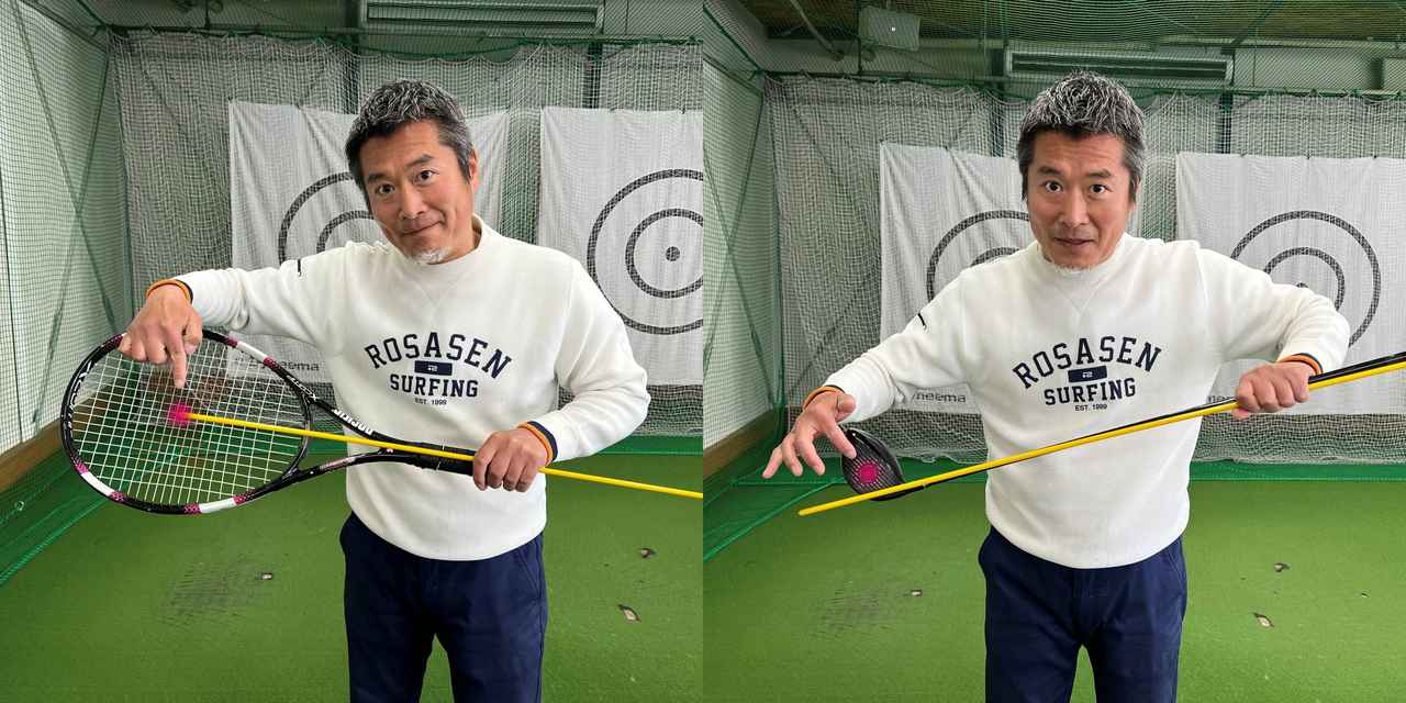 画像: テニスなどと違ってゴルフはグリップの延長線上、中心に「芯」がない。何も考えずに振るとフェースは開くようにできている
