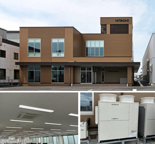 画像: 上:株式会社新潟日立の本社新社屋 左下:事務所内に設置された室内ユニット(てんかせ4方向)、右下:屋外に設置された室外ユニット(ビル用マルチエアコン)