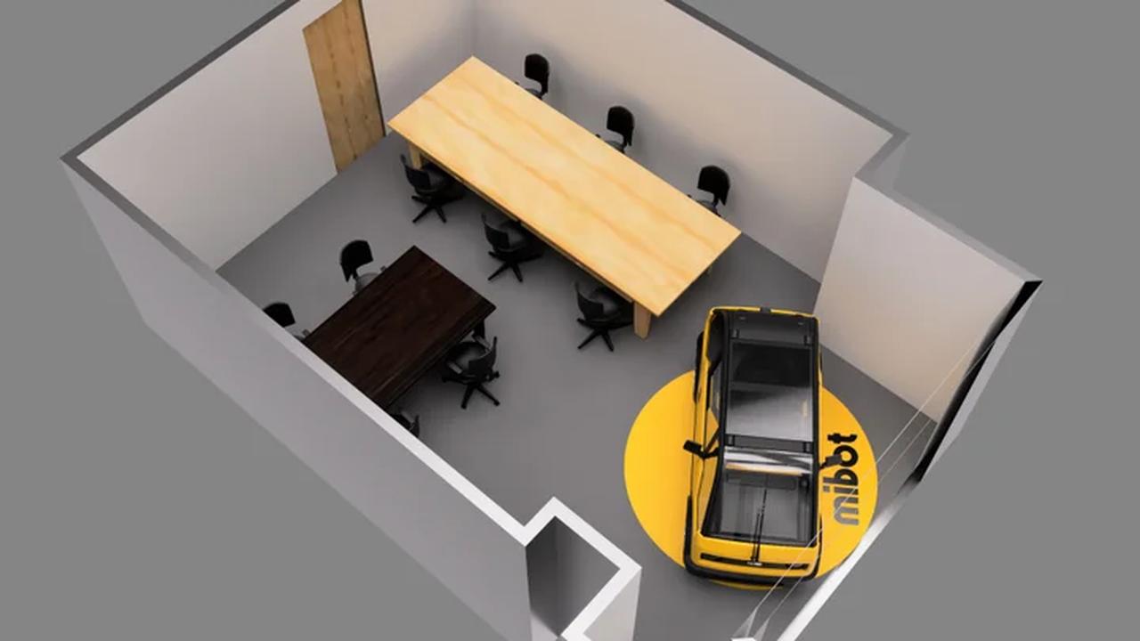 画像: 「KGモーターズ東京オフィス」の見取り図。室内には「mibot」の実車とスタッフの仕事場、商談スペースが配置されている。