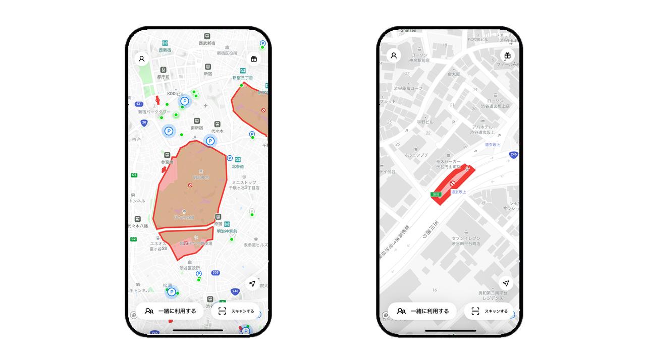 画像: Limeアプリ上に表示された、代々木・明示神宮・新宿御苑の走行禁止エリア（左）と、首都高速・渋谷の出入口。