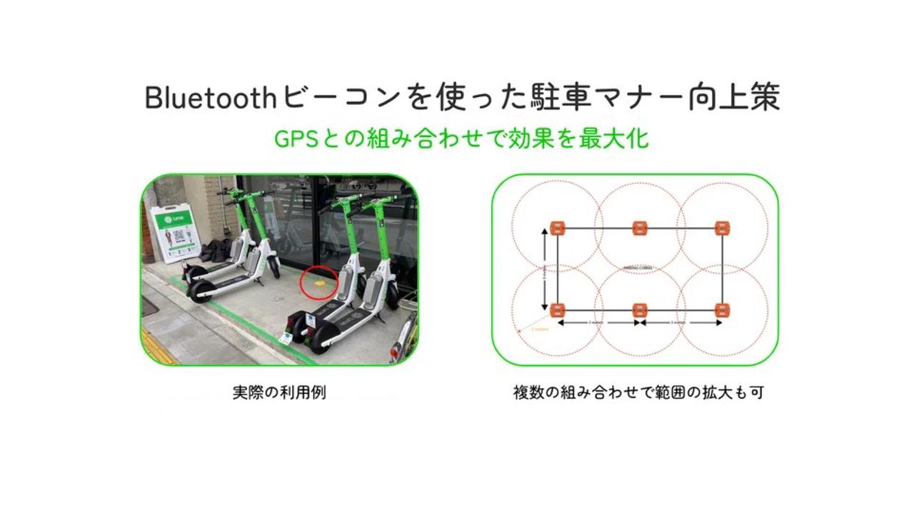 画像: Bluetoothビーコンの設置例。返却手続きのために赤丸で囲ったビーコンから3m以内に車両を停車させることで、ポート区域内への適性な停車を促す。また右図のようにビーコンを複数配置することで、設置台数の多いポートにも対応が可能となっている。