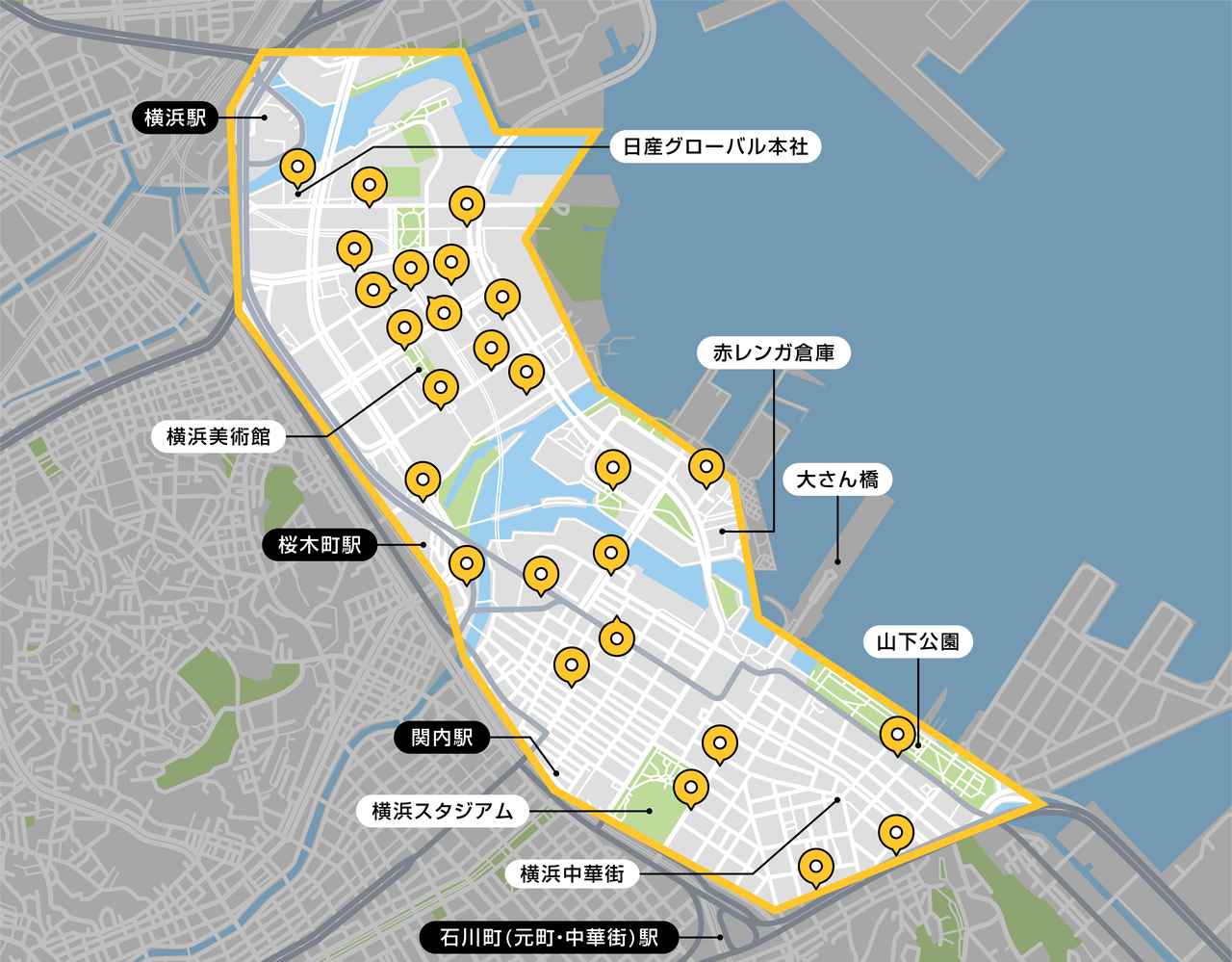 画像: 横浜のみなとみらい・関内エリアにて、26カ所の乗降場所を設定する。