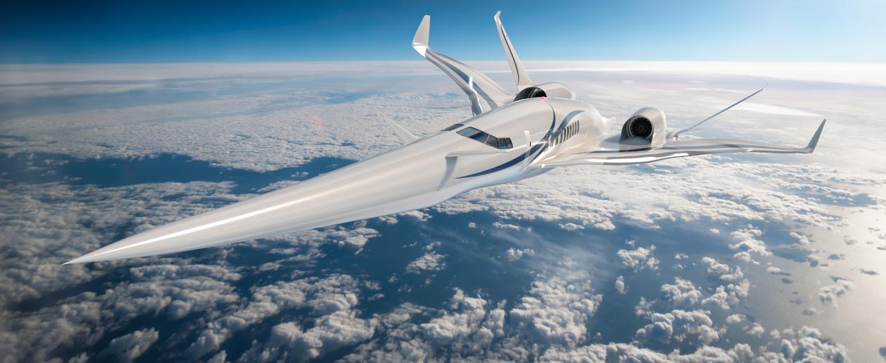 画像: ソニックブーム低減のため、ウイングレットやブームフィンなど衝撃波形を制御する機体形状が採用されている。（画像：JAXA）