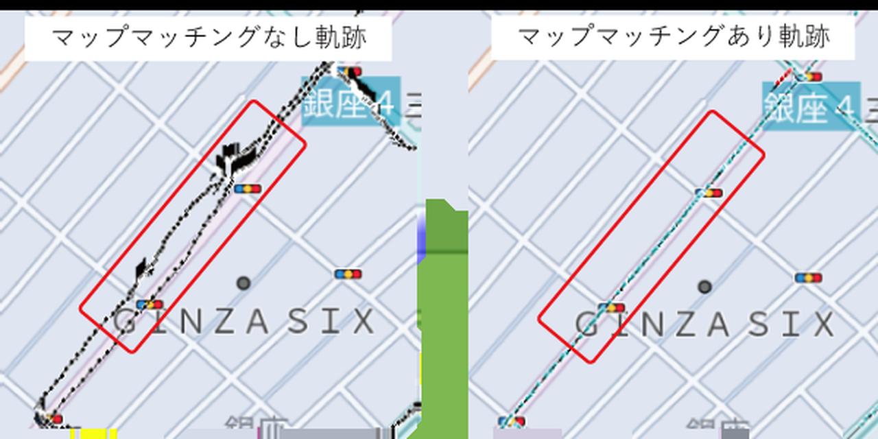 画像: 左側がマップマッチングなしの車両の軌跡の表示、右側がマップマッチング機能を使用した時の車両の軌跡の表示例。自車の位置を正確に表示させることで、込み入った路地でも正確に目的地にアプローチすることが可能となる。