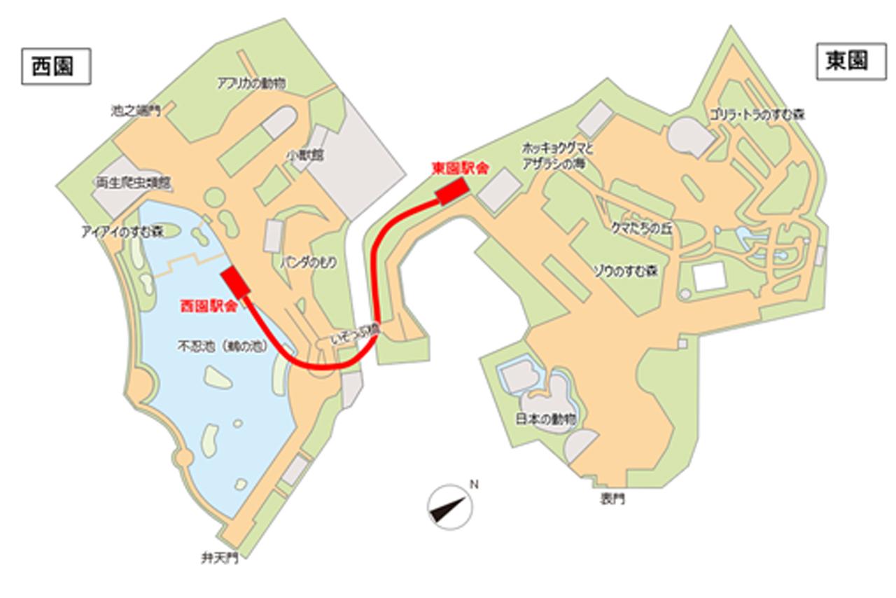 画像: 東園駅者は旧モノレールの駅舎と同じ場所だが、西園駅舎は不忍池上に移動している。