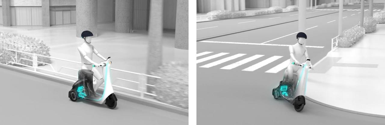 画像: 「ユニモ」にはアイシンの「リーンアシスト制御」技術を搭載。速度やハンドルの動きに合わせて、車両に内蔵されたモーターが車体の傾きを自動でアシストする事により、従来の小型三輪車では困難であった、カーブ走行時の安定したバランス制御を実現している。