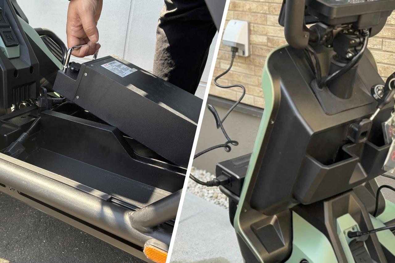 画像: バッテリーは取り外しての充電、車体に装着したまま家庭用コンセントから充電の2WAYに対応している。
