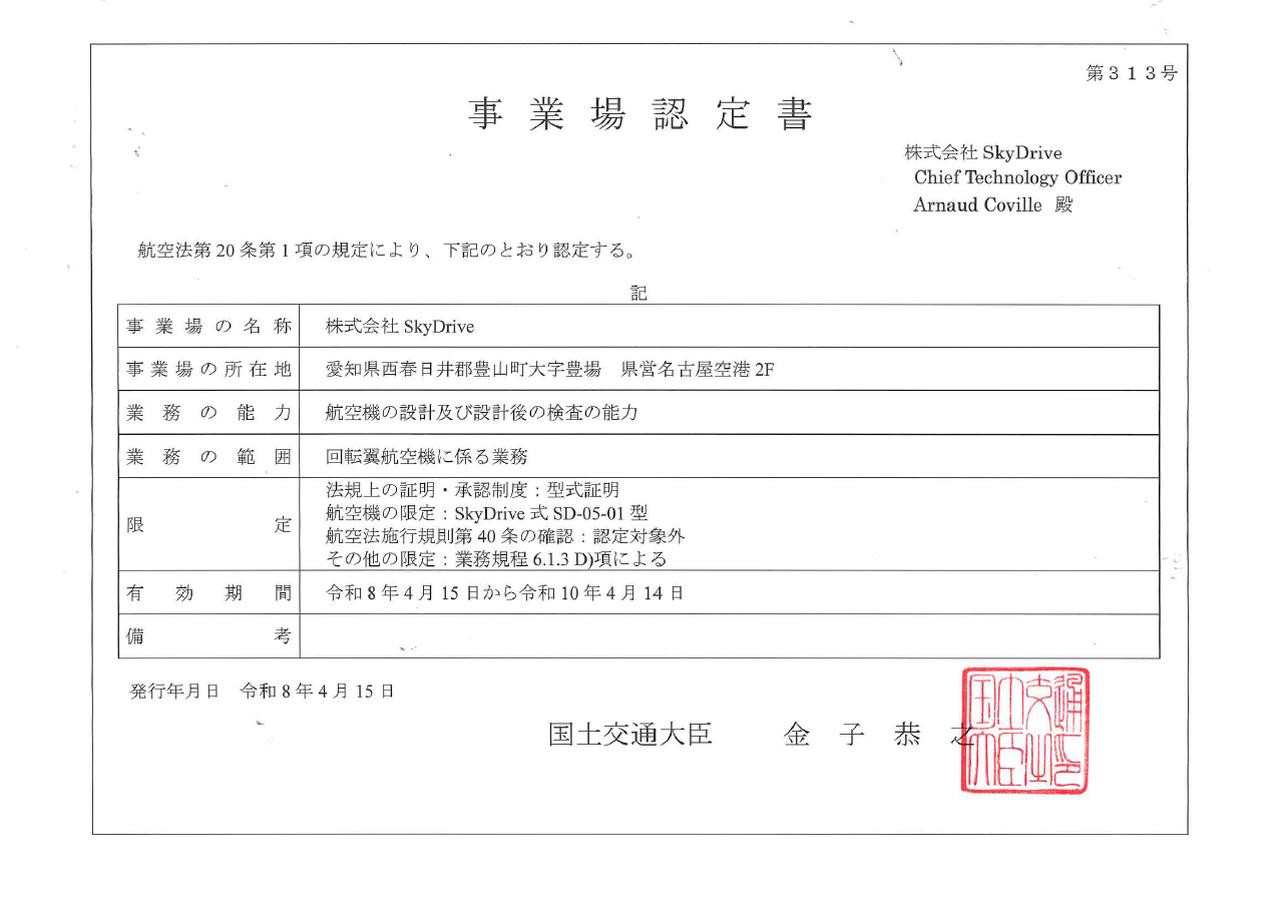 画像: 事業場認定書。空飛ぶクルマなので、業務範囲が「回転翼航空機」に分類されている。