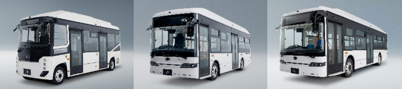 画像: 左から、小型バス「J6」、中型バス「J7」、大型バス「K8」。