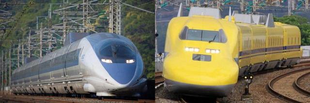 画像: 500系(左)とドクターイエロー(右)。