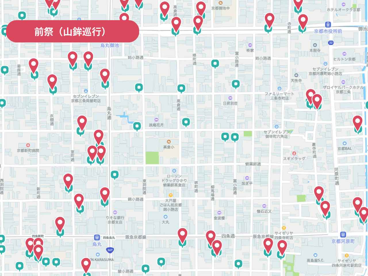 画像: 7月17日（金）、前祭（山鉾巡行）開催時におけるポート停止箇所。 赤いピンでマークされたポート46カ所が7：00～14：30の間、利用停止となる。