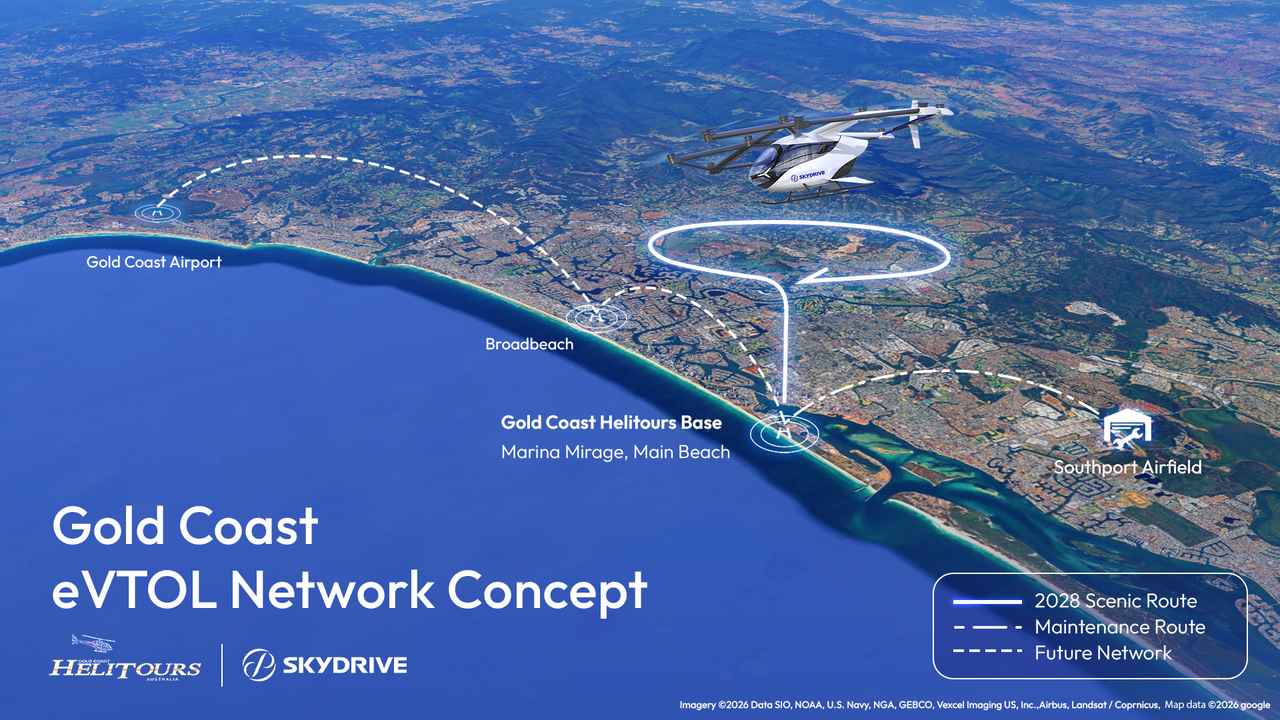 画像: 2028 Scenic Routeが運航開始時の飛行ルートで、点線は将来の就航計画があるルート。